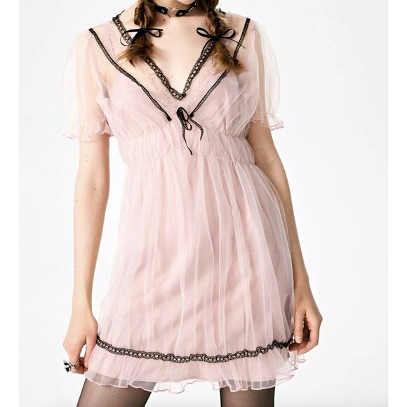 Cider NWT Mesh Tulle Lace Mini Dress Babydoll Sheer Light Pink Coquette Sz XS - Picture 1 of 12